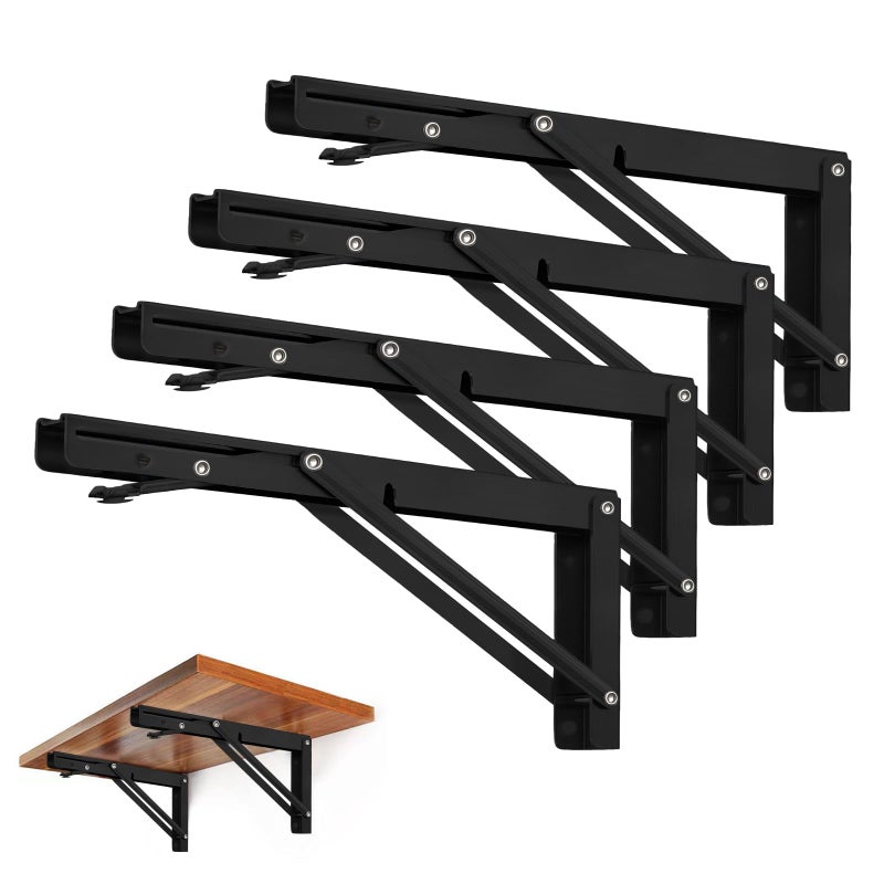 Storystore Folding Shelf Brackets - 12 Inch Heavy Duty Metal Collapsible Shelf Bracket for Bench Table, Shelf Hinge Wall Mounted Space Saving DIY Bracket, Max Load: 150 lb (4 PCS, Black) - Image 1